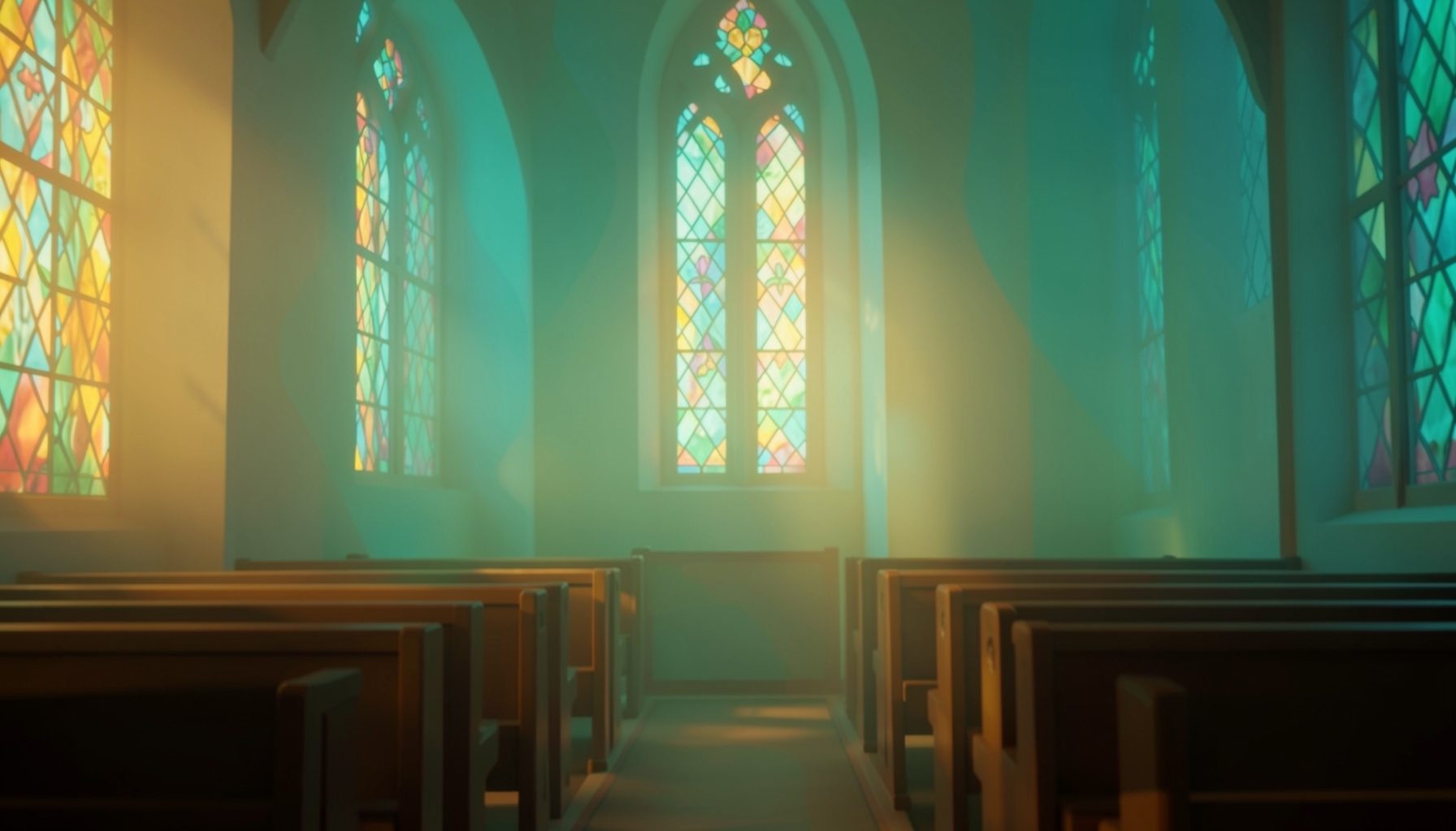 Warm amber and soft teal light filtering through tall stained-glass windows, casting gentle reflections across wooden pews in a quiet sanctuary.